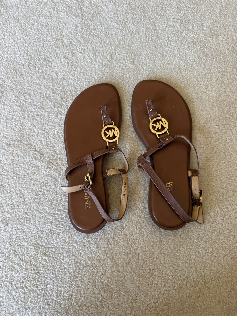 Michael Kors Brown Leather Logo T-Strap Sandals with Gold Emblem size 7.5